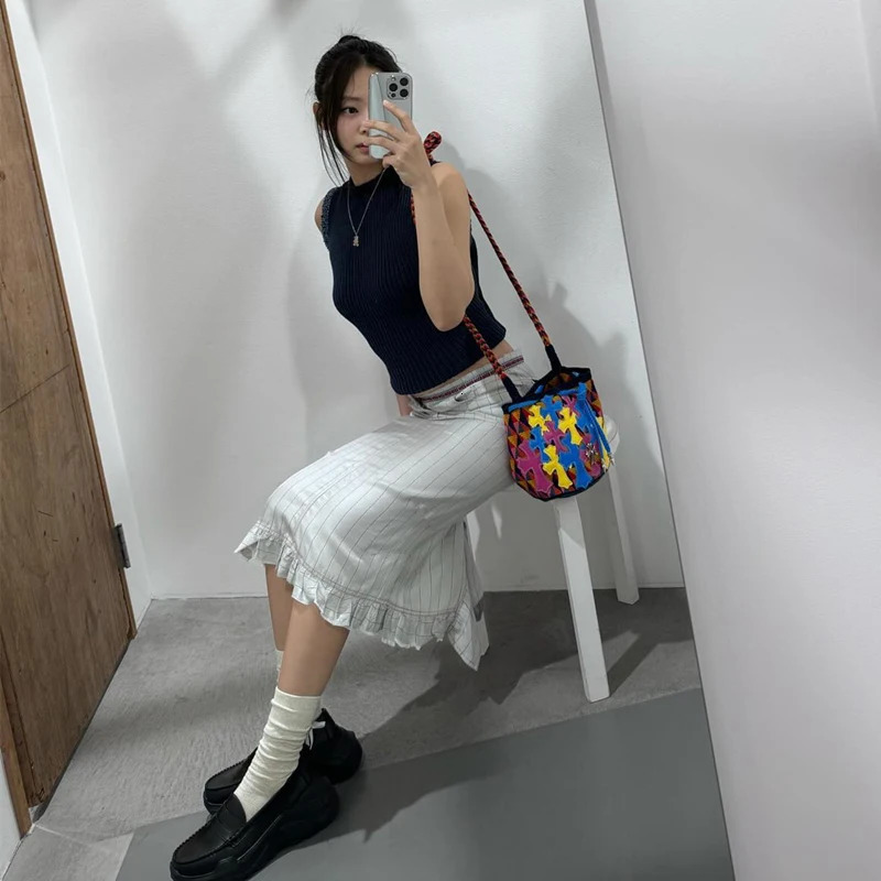 WhereMery Temperament Korean Striped Skirt Summer Y2K Commuting High Street Tight Wrapped Hip Skirt Slim Fit Folded Skirt 250320
