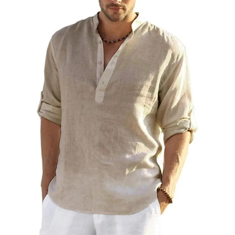 Linen Shirt Men Brief Breathable Comfy Solid Color Long Sleeve Loose Harajuku Casual Blouse Hawaiian Shirts 250317