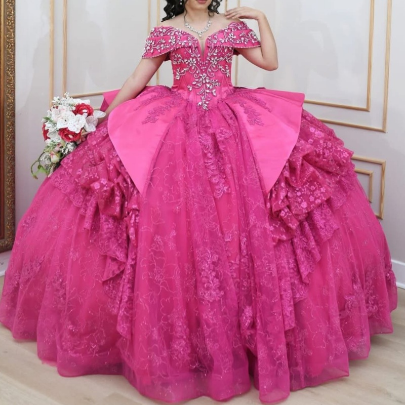 Rose Red Sparkly Princess Off Shoulder Quinceanera Dresses Lace Applique Beading Crystal Tull Sweet 16 Dress Ball Gown Vestidos 15 De anos
