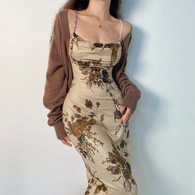 Cibbar y2k retro shoulder strap dress with retro floral print sleeveless summer party dress suitable for fashionable and elegant ladies in the 2000s 2