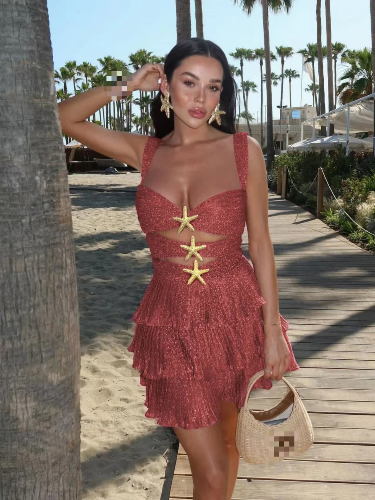 Hollow Out Starfish Sequin Slim Dresses Womens Sleeveless Backless Ruffle Hem Mini Vestidos Fashion Club Party Holiday Dress 250320