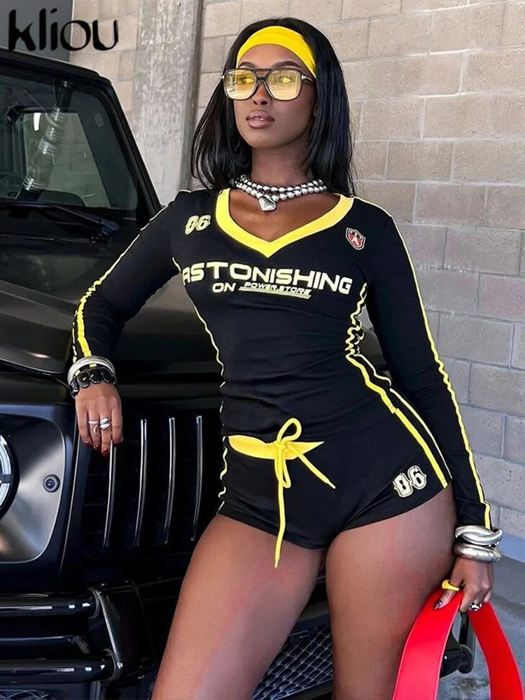 kliou Letter Print Panelled Women 2Piece Set Sporty Autumn Matching Full Sleeve Slim TeesBandage Shorts Female Track Streetwear 250320