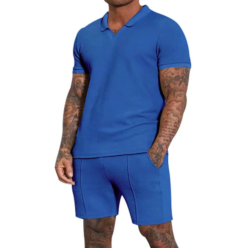 Mens clothing set summer item oversized heavy-duty waffle collar polo short sleeved set 250318