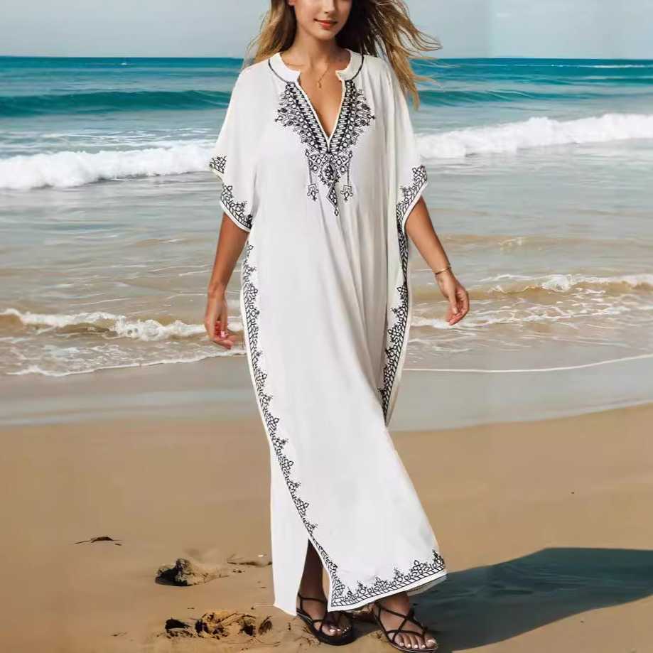 New rayon embroidered split skirt beach coat holiday gown bikini long Blouse Dress 250315