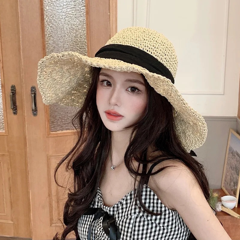 Summer Straw Hat Womens Lace Big Brim Beach Folding Holiday Cool Sunscreen Hat 250320