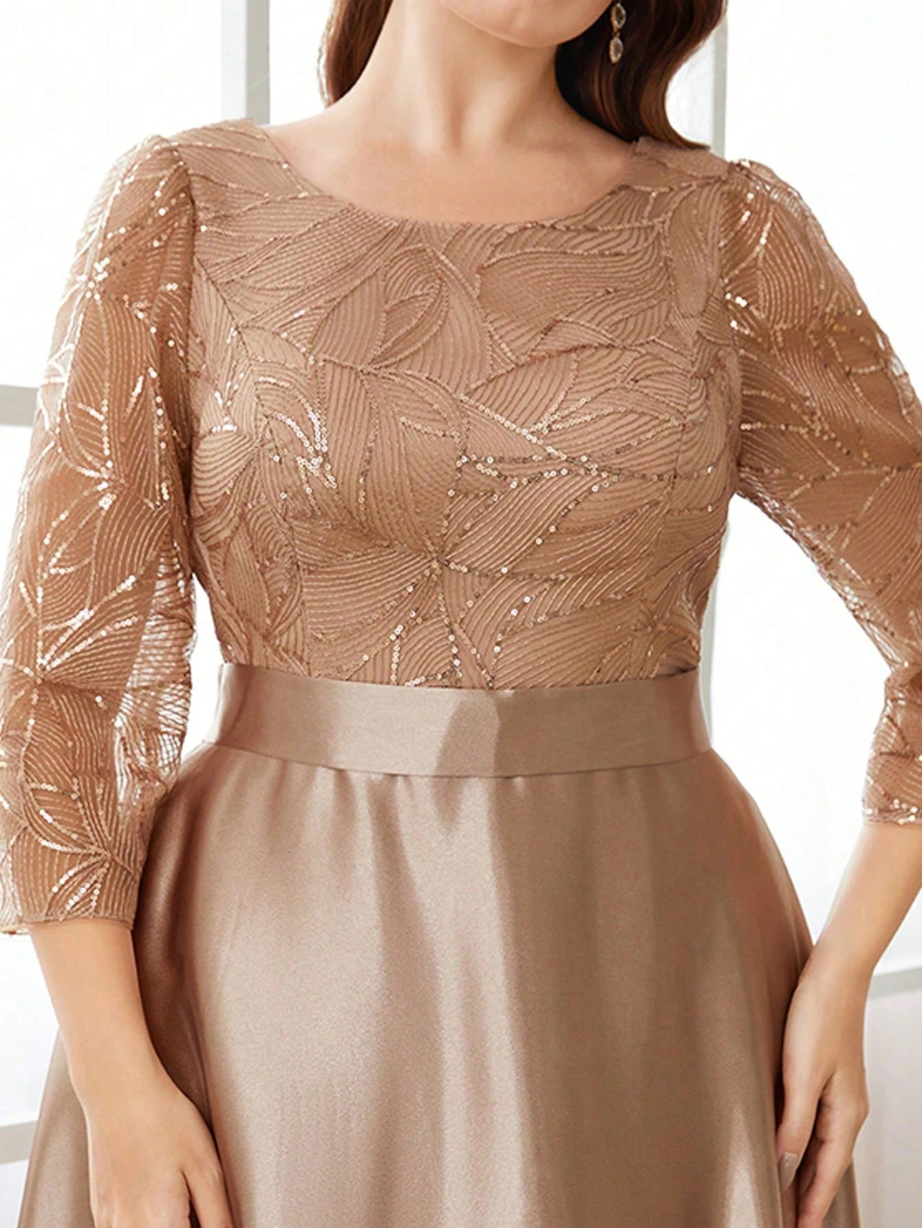 Mgiacy Crew neck long sleeve sequin patchwork satin ball dress Party dress Bridesmaid dress 250320