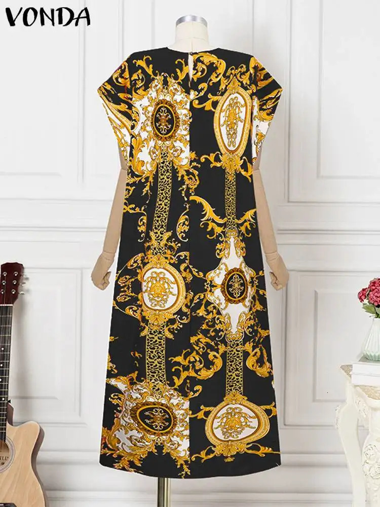 VONDA Plus Size 5XL Elegant Long Dress Fashion Satin Dress Sexy Printed Patch Work Batwing Sleeve Tank Top Ruffle Robe 250320