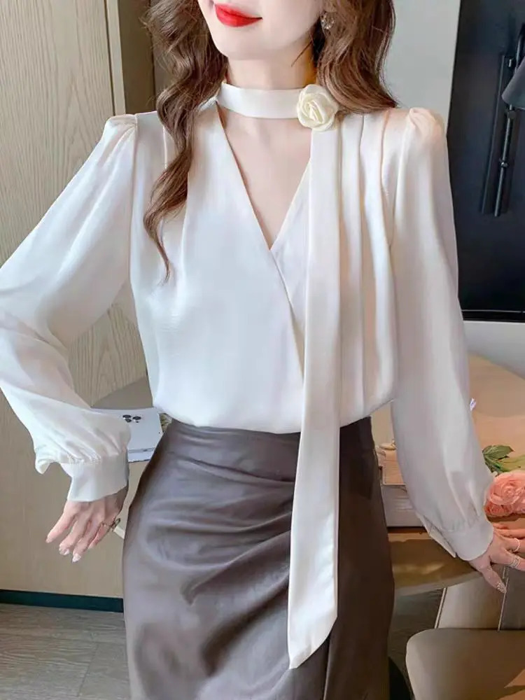Temperament Satin Long Sleeve Blouse Women 2025 Spring Fashion Solid Color V-neck Fashionable Elegant Top Lady Shirts Chic 250320