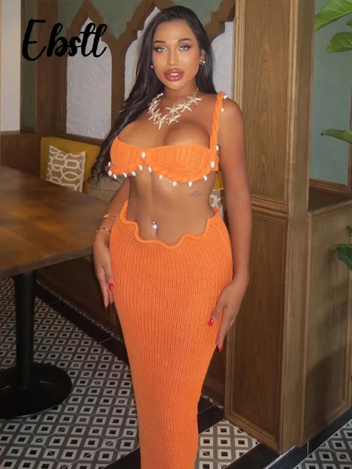 Sexy Knit Crop Top Skirts Set Women Shell Backless Sleeveless Tanks Hip Package Split Long Skirt 2025 Female Beach Outfits 250320