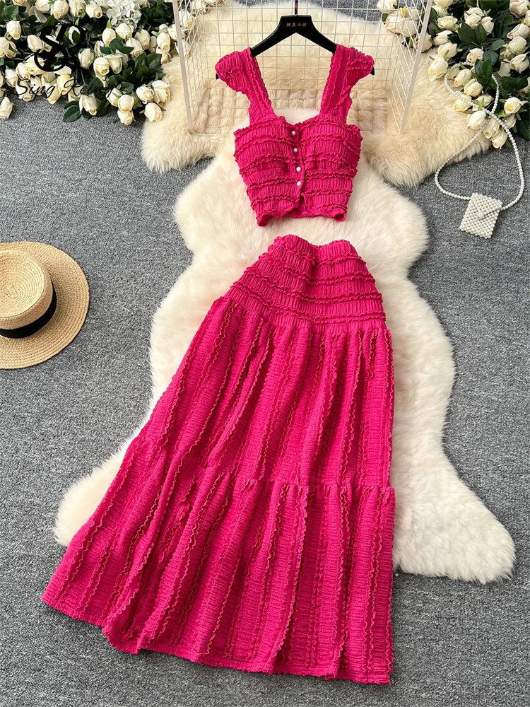 SINGREINY Casual Beach Style 2pcs Suits Single Breasted Mini CamisoleElastic Waist A Line Fold Slim Skirt Gentle Women Sets 250320