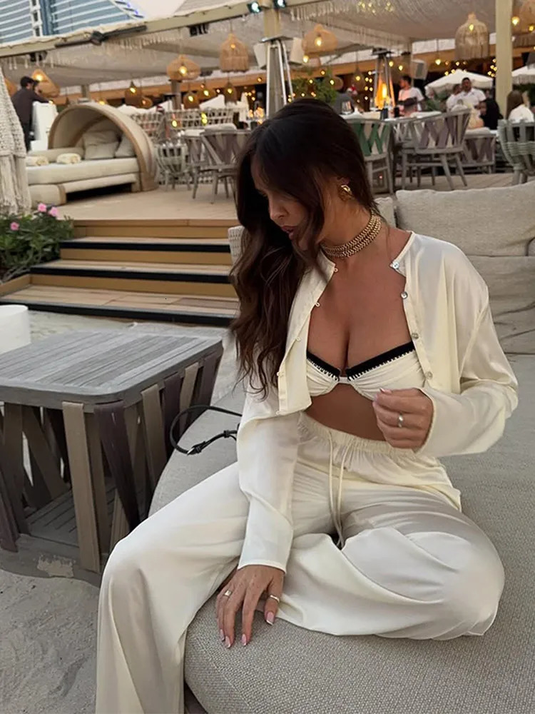 Sexy Loose Brown Satin Skirt 2 Piece Sets Women Outfit 2025 Fashion Long Sleeve Crop Top With High Waist Maxi Skirt Suit 250320