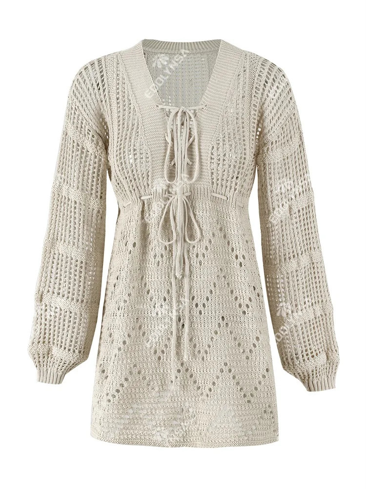 Sexy Deep V-neck Lace-up Bell Sleeve Knit Mesh Hollow Out Beach Mini Dress 2024 Summer Swimsuit Cover Up Women Casual Tunic K14 250317