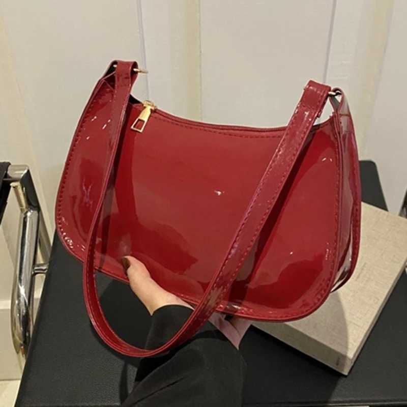 Retro solid color PU leather shoulder underwear bag womens patented leather handbag Korean fashion homeless bag Y250320