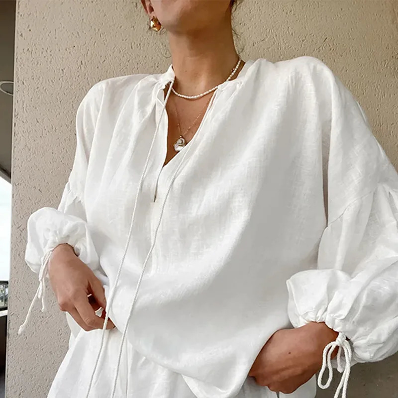 White V-neck Long Sleeve Lace Up Blouse Shorts Sets Women Lace Up Shirt Elastic Waist Shorts Suit Summer Casual Vacation Outfits 250320