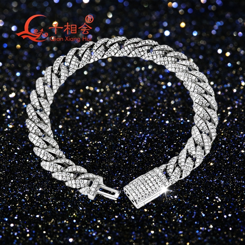 Half Moon Shaped Bracelet 10mm S925 Sterling Silver Cuban Chain with Moissanite Diamond Hip Hop Style Miami Cuban Link Chain