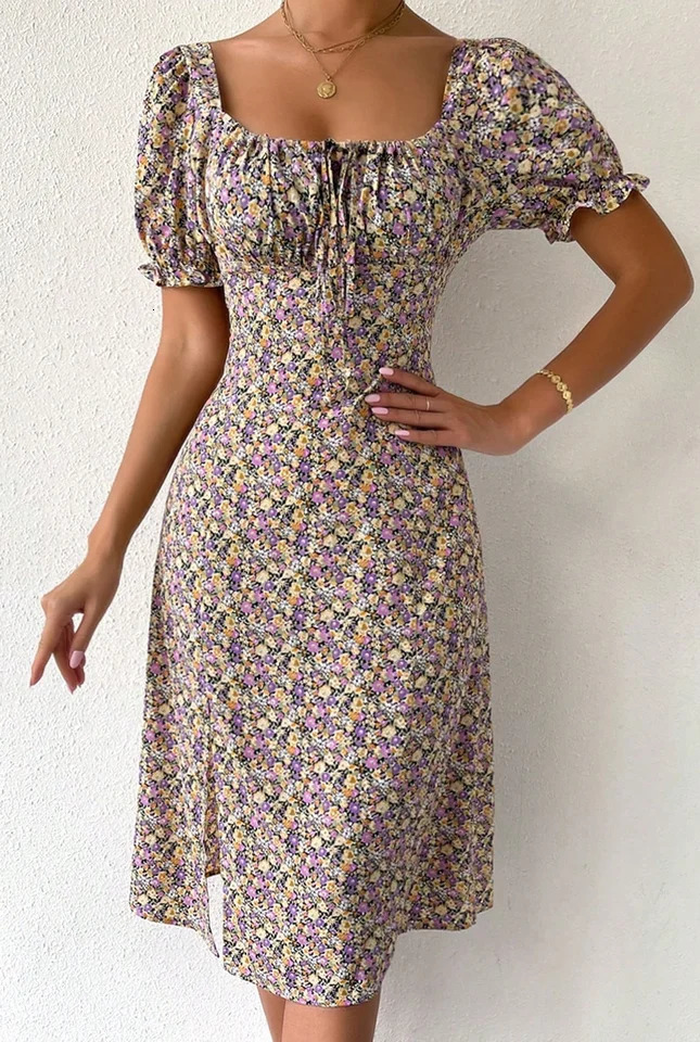 Elegant and fashionable womens clothing ordinary collar short sleeved full body printed pleated and sexy womens clothing 250317
