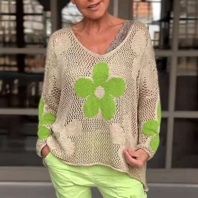 Women Knitted Hollow Floral Pattern Knitted Cutout V-neck Blouse Casual Top Flower Beach Sun Protection Cover-ups Streetwear 250320