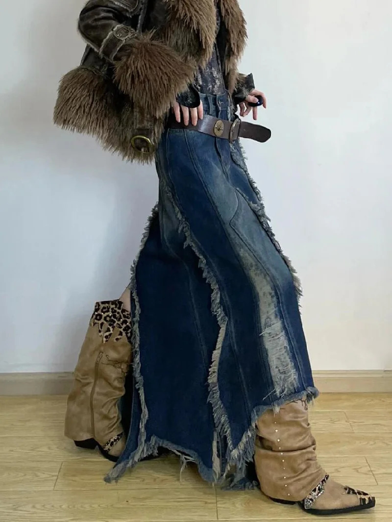 Women Denim Skirt Y2k Emo 2000s Clothes Long Skirt Harajuku Korean 90s Fashion Vintage Gradient A-line Jean Skirt Grunge Clothes 250320