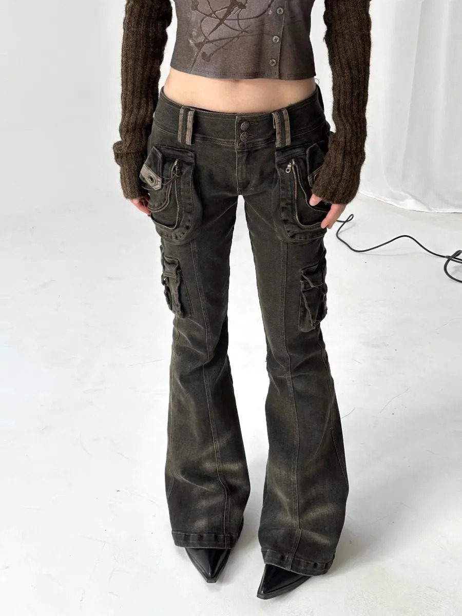 REDDACHiC Dual-Button Low Rise Women Cargo Pants Grunge Zipper Decor Pockets Do Old Whiskers Flare Jeans Grayu Y2k Streetwear 250320
