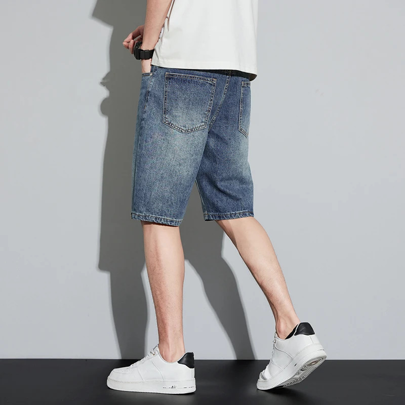 2024 Summer Ultra Thin Mens Retro Street Denim Shorts Fashion and Paradigm Straight Leg Fit Blue for Men 250312