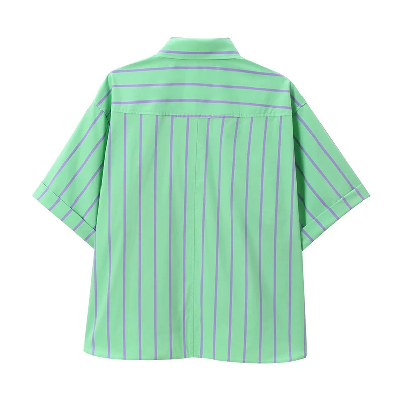 Willshela Women Fashion Two Piece Set Green Striped Single Breasted Shirt Elastic Waist Shorts Chic Lady Sets 250311