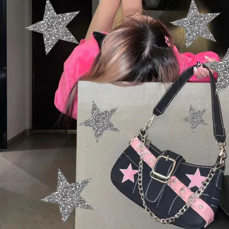 Star Pattern Y2K Hot Girl Chain Shoulder Bag Womens Black Handbag Luxury Designer Grunge Bag Gothic Motor Style Sling Y250320