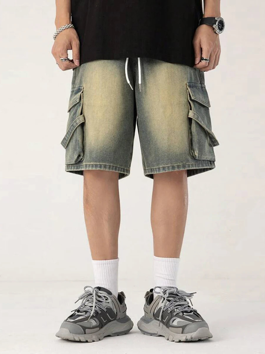 Mens Denim Shorts Stylish Elastic Waist Contrast Color Casual with Pockets for Summer Streetwear Fashion 250312
