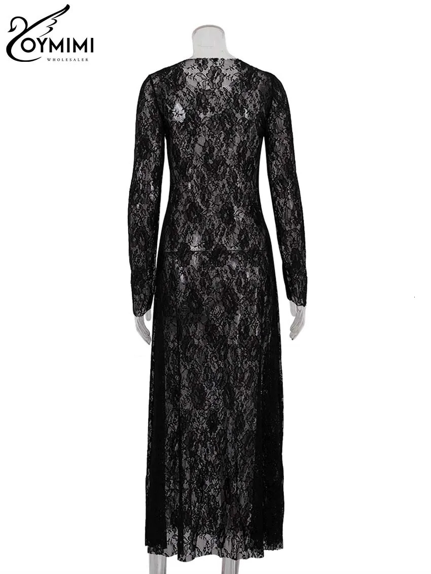 Oymimi Sexy Black Lace Womens Dress Elegant ONeck Long Sleeve Transparent Dresses Fashion Straight AnkleLength Female 250320
