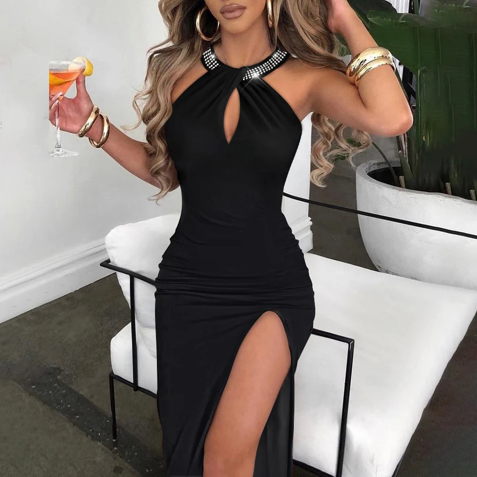 Womens Sexy Slim Wrap Dress Summer Fashion Halter Diamond Temperament Zip Sleeveless High Slit Banquet Party 250320