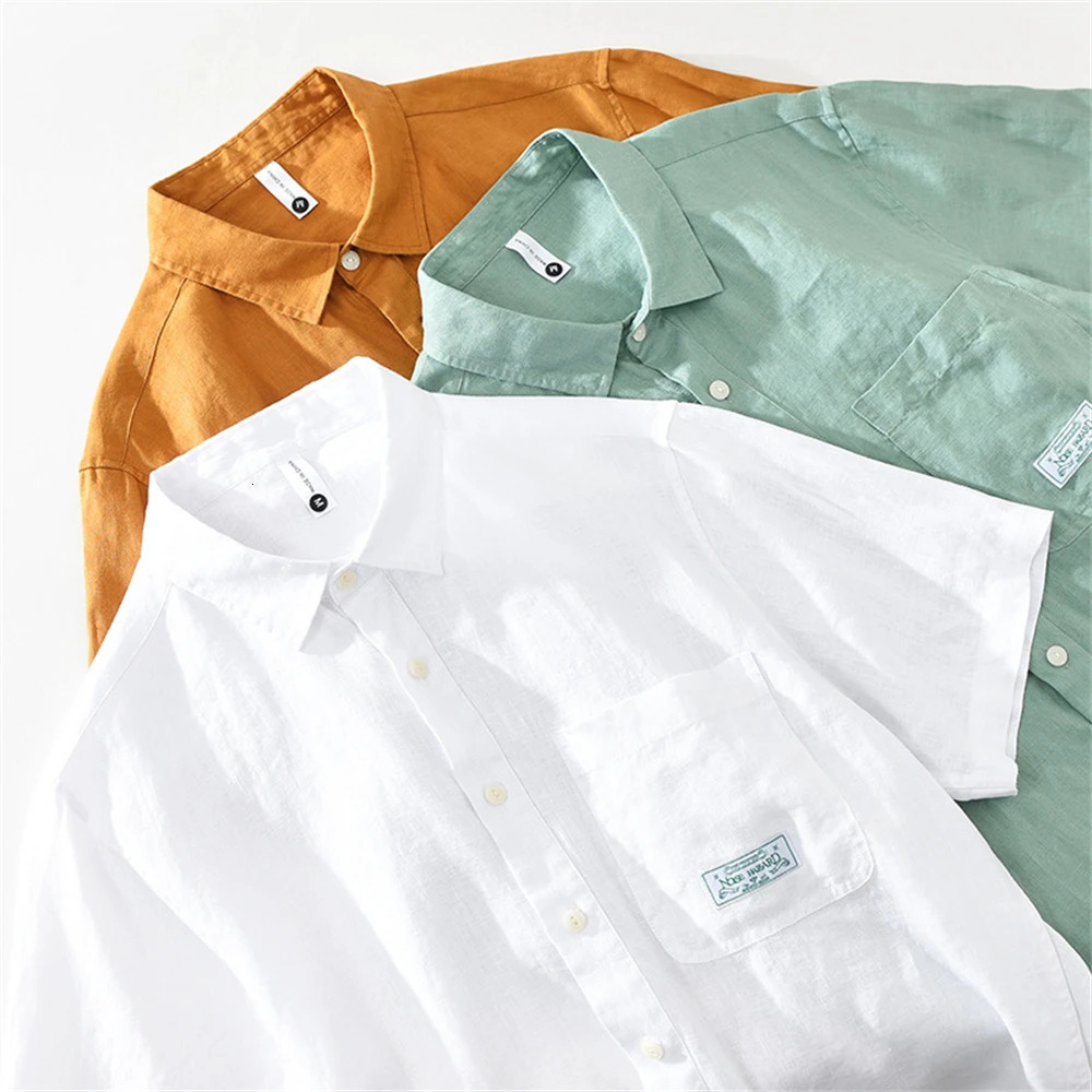 Summer mens short sleeve shirt Solid Tops mens clothing fresh Style Loose Casual Linen shirts for man 250320