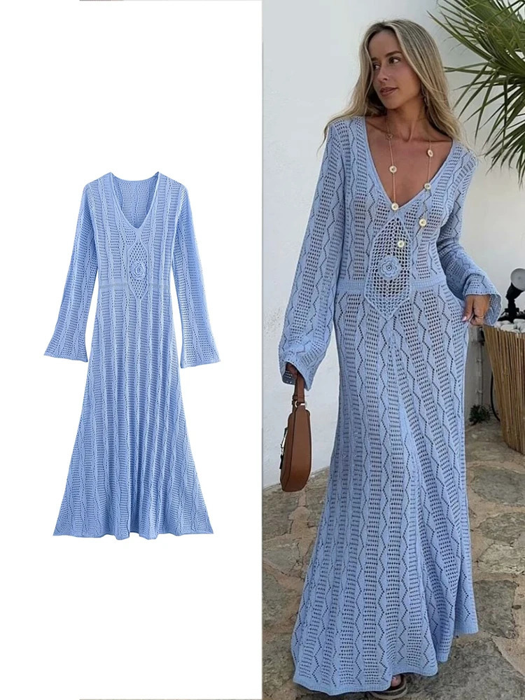 TRAF Womens Fashion Elegant Knitted Beach Long Dress Casual Blue Vneck Sleeve Transparent Autumn Holiday Travel Robe 250317