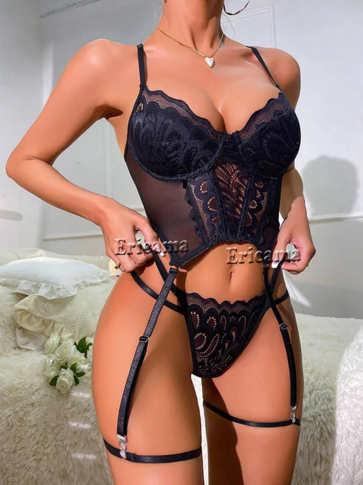 Floral Lace Garter Lingerie Set With Choker Women Intimates Underwire Bra And Thongs Ladies Underwear Set 250320