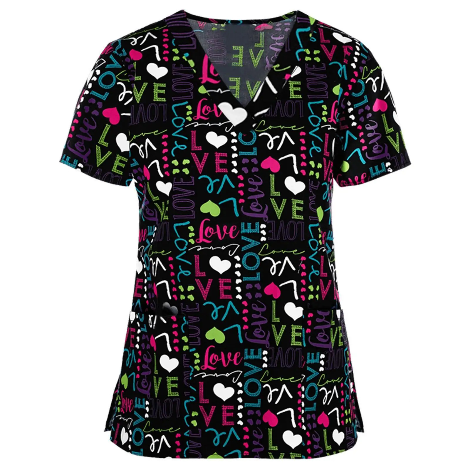 Women Working Uniform Animal Print Cartoon Cat Dog Short Sleeve V-neck Tops Femme Blouse Nurse work wear Uniforms 250320