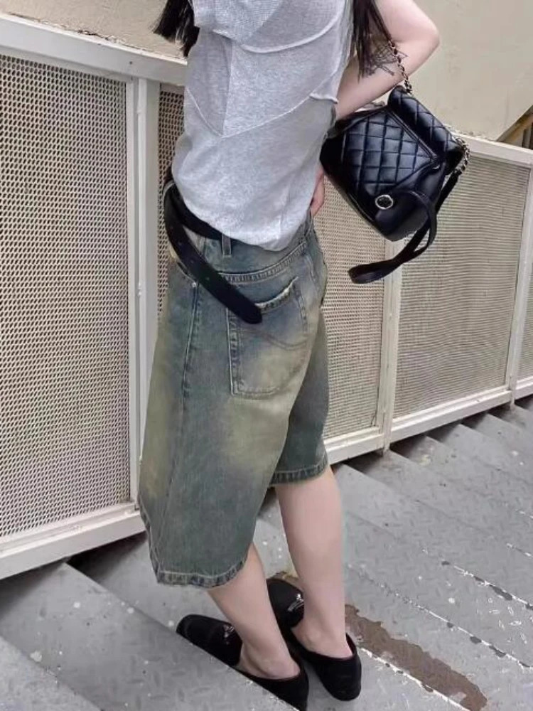 S-4XL Denim Shorts Women Chic Leisure Streetwear High Waist Korean Style Summer Knee Simple Comfortable Students Clothing 250320