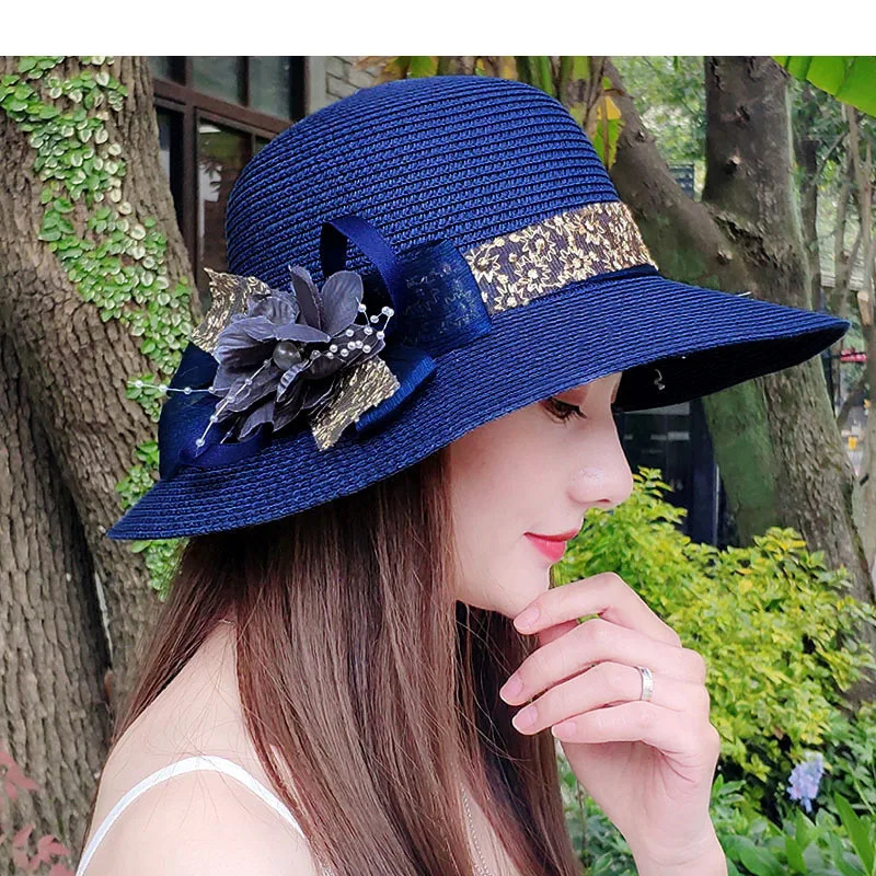 Fashion Women Summer Womens Sun Hat Bucket Cap Beige Lace Bowknot Flowers Ribbon Flat Top Straw Hat Beach Caps Panama Gift 250320