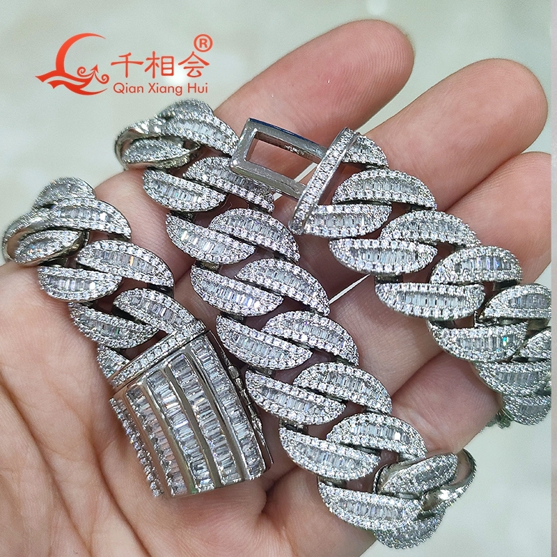 S925 Silver Necklace with 15mm Baguette Half Moon Cuban Link White Moissanite Iced out Hip Hop Chain Jewelry for Women And Men