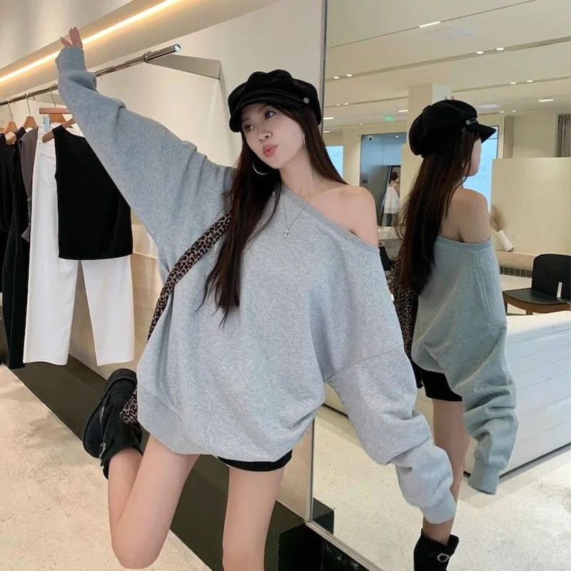 Women Clothes Casual Korean Solid Color Off Shoulder Long Sleeve Sweatshirts Autumn Winter All-match Loose T-Shirts Female Tops 250320