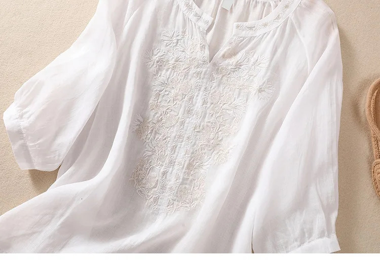 Fashion thin cotton linen Y2k top Tshirt womens summer loose embroidered Blusa casual 250312
