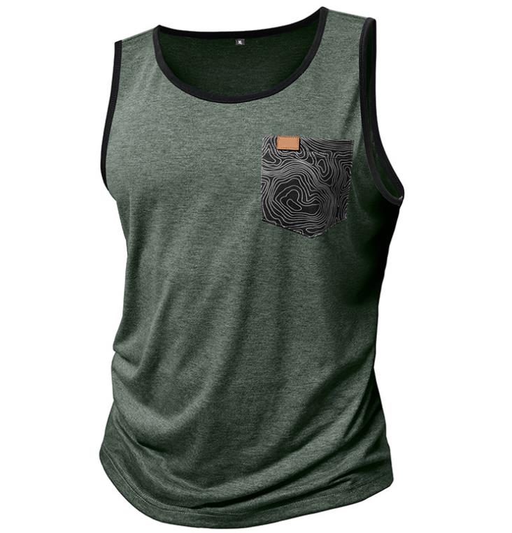 6 Color Summer Sleeveless Shirt Tank Tops T-Shirts Men's Printed Vest Loose Pocket Fitness Sports Top Polyester Dark Grey Green Jogging Tees XXL