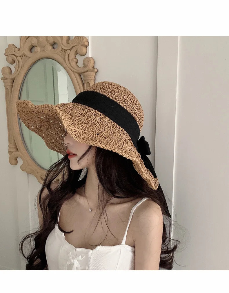 Summer Straw Hat Womens Lace Big Brim Beach Folding Holiday Cool Sunscreen Hat 250320