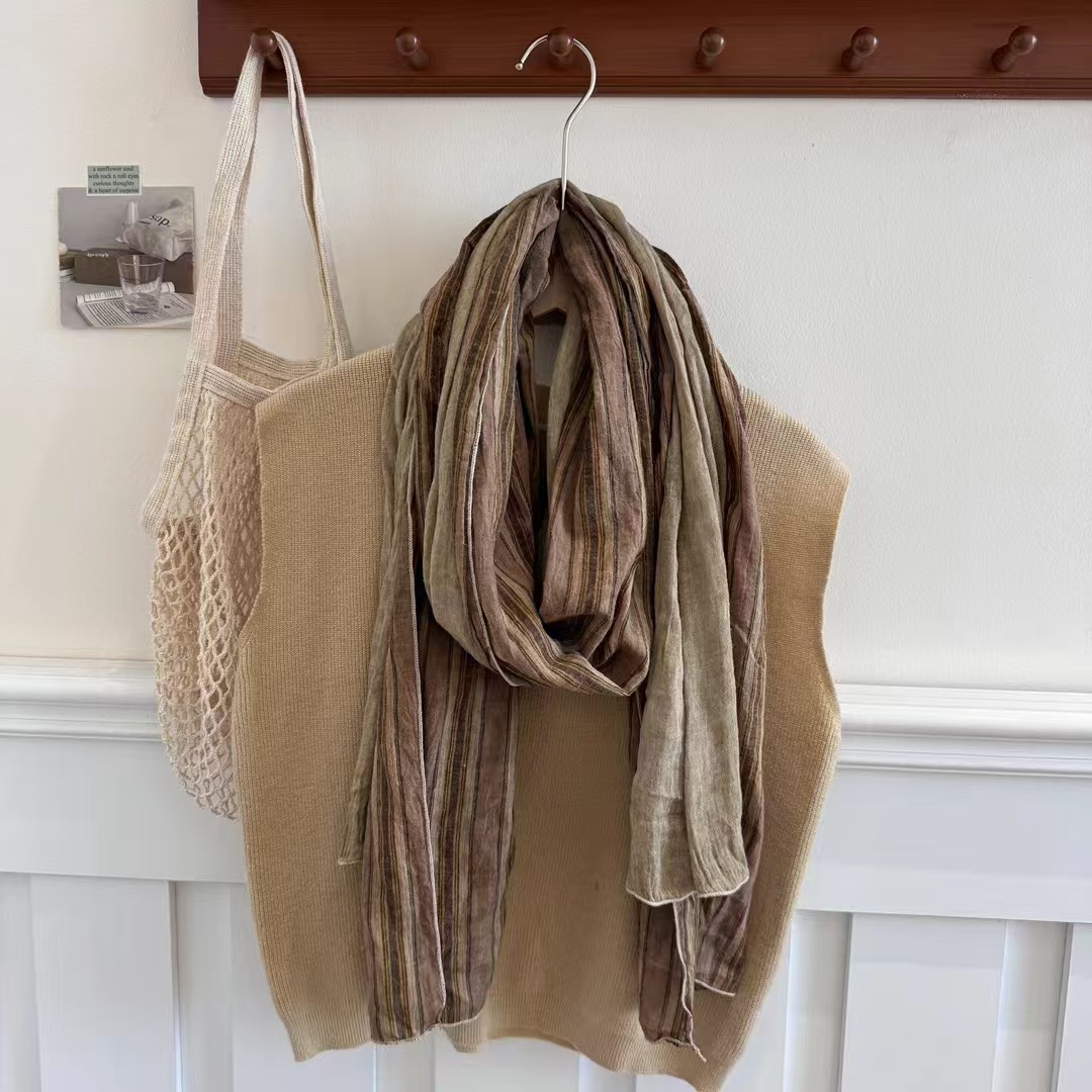 T325 casual retro old vertical stripes plain shawl cotton and linen scarf shawl 2025 spring new products
