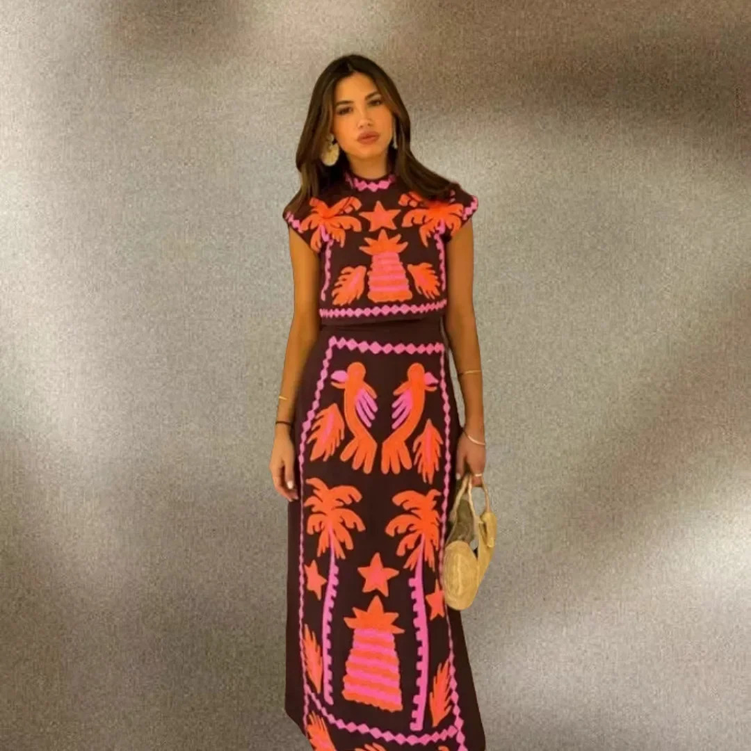 European crossover summer and autumn short sleeved round neck long skirt two-piece set for women with side seam print 250318
