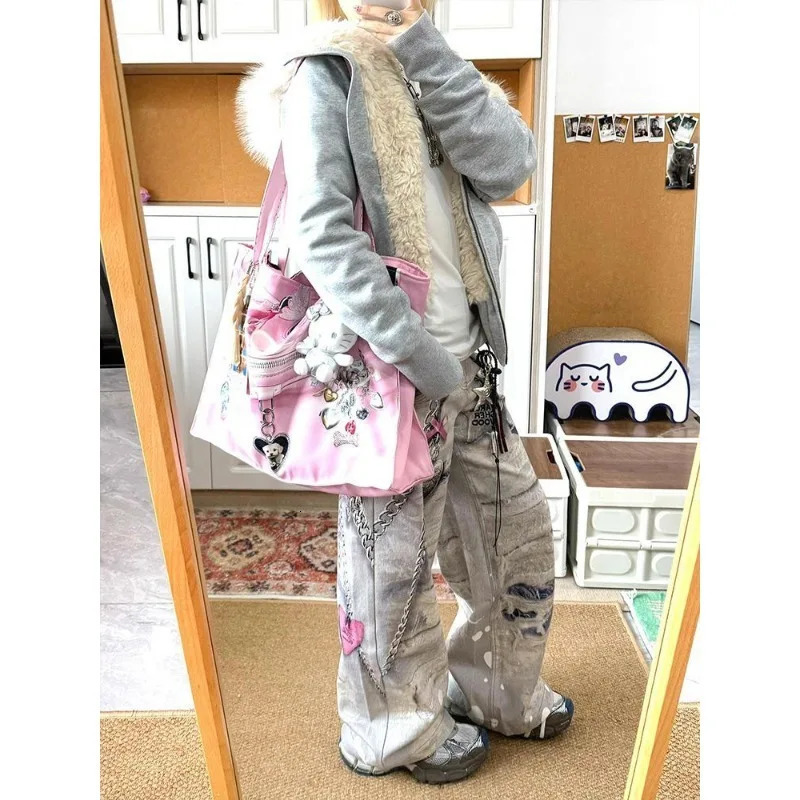 High Street Hip Hop Ripped Lace Metal Texture Printed Womens Jeans American Spring Girls Sliding Wide Legs Pants 250314