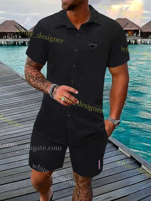 Luxury men tracksuit designer 2025 Summer Jacquard Black and White Solid Color Set Short Sleeve Men's Vacation Casual Style Shirt Shorts Two Piece Set US size S-XXL 9YB9