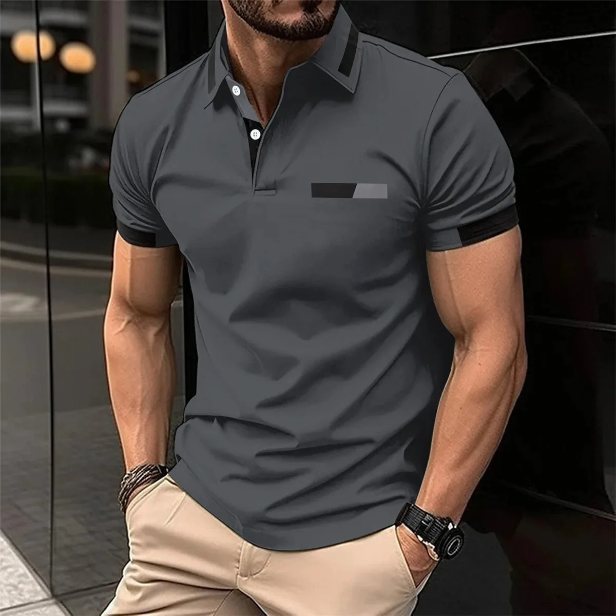 Summer mens casual short sleeved polo shirt solid color lapel top fashionable business pink breathable Tshirt 250320