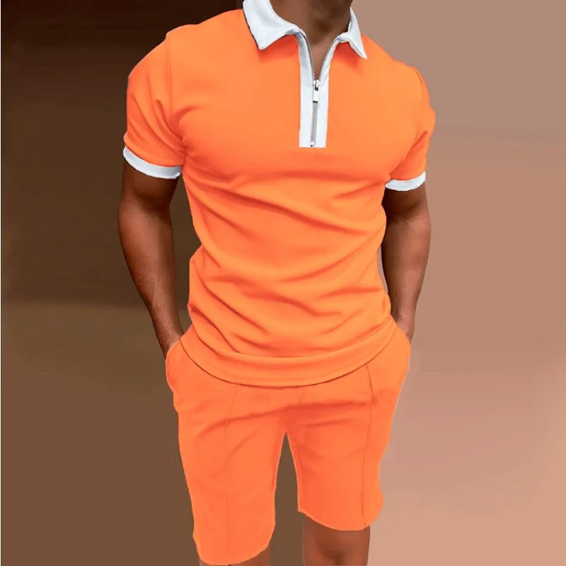 European and American short sleeved printed slim fit zipper lapel mens polo shirt set 250318