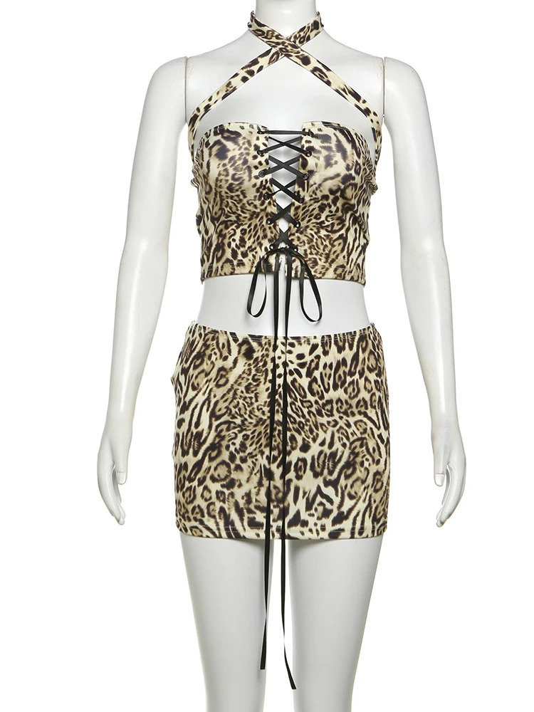 Weird Puss Sexy 2 Piece Set Women Leopard Print Shirring Halter Cleavage Navel Tank Tops Skirt Matching Suit Patchwork Outfits 250320