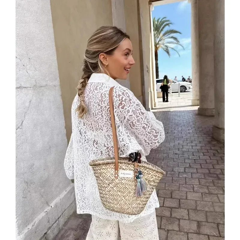 Summer French Style Lace Loose white shirt for women Hollow Out Fittings Shirt 250320