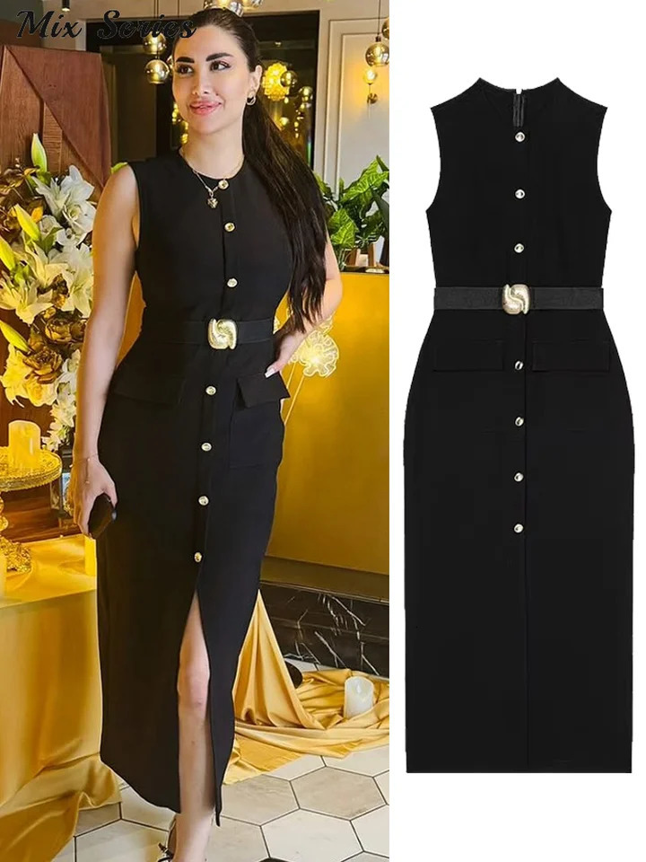 Elegant single chest split style dress for women ultrathin sleeveless Oneck belt Midi springsummer office womens long robe 250320