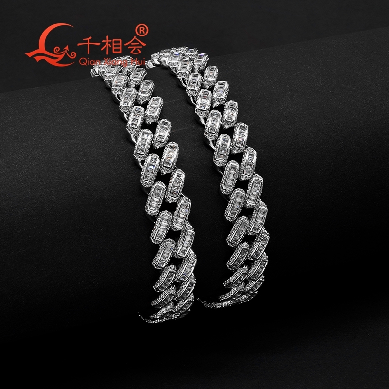bracelet 12mm baguette french 925 Silver Cuban Link Iced Out Hip Hop white Moissanite Chain Jewelry for Women Men Gifts
